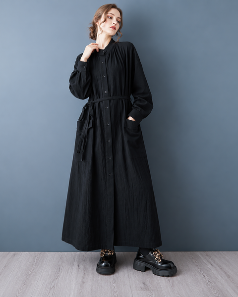 ellazhu Women's Long Sleeve Maxi Shirt Dress Belted Waist Pockets GZ1027