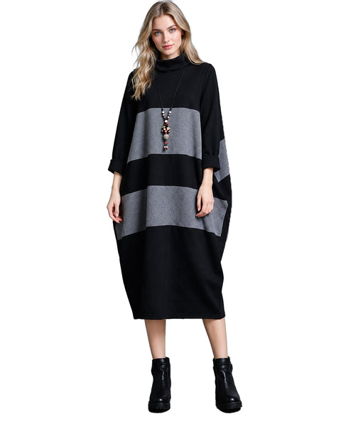 ellazhu Women's Color Block Long Sleeve Midi Dress Oversized GZ1028