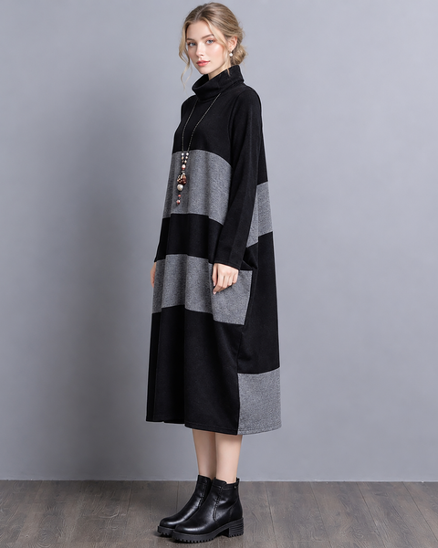 ellazhu Women's Color Block Long Sleeve Midi Dress Oversized GZ1028