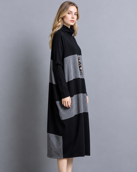 ellazhu Women's Color Block Long Sleeve Midi Dress Oversized GZ1028