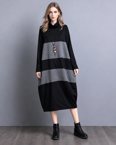 ellazhu Women's Color Block Long Sleeve Midi Dress Oversized GZ1028