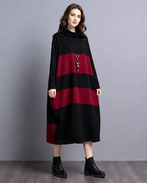 ellazhu Women's Color Block Long Sleeve Midi Dress Oversized GZ1028