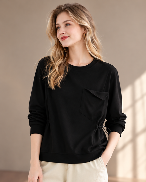 ellazhu Women's Oversized Crewneck Sweatshirt Pocket Drawstring GZ1033