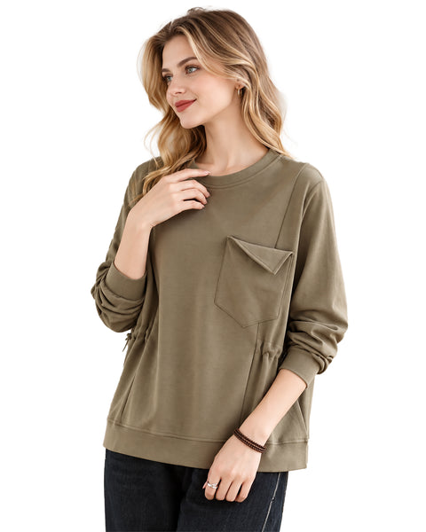 ellazhu Women's Oversized Crewneck Sweatshirt Pocket Drawstring GZ1033