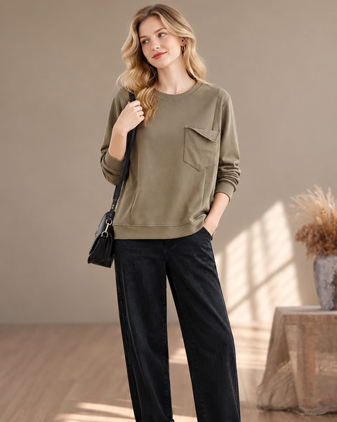 ellazhu Women's Oversized Crewneck Sweatshirt Pocket Drawstring GZ1033