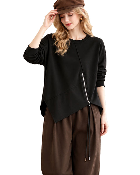 ellazhu Women's Oversized Crewneck Asymmetric Zipper Sweatshirt GZ1037