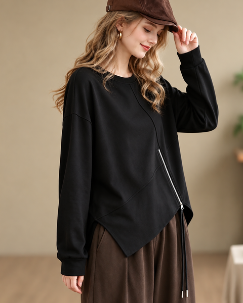 ellazhu Women's Oversized Crewneck Asymmetric Zipper Sweatshirt GZ1037