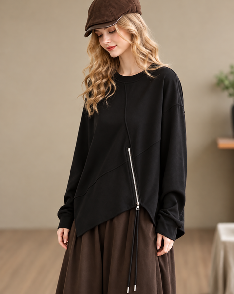 ellazhu Women's Oversized Crewneck Asymmetric Zipper Sweatshirt GZ1037
