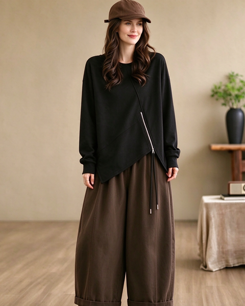 ellazhu Women's Oversized Crewneck Asymmetric Zipper Sweatshirt GZ1037