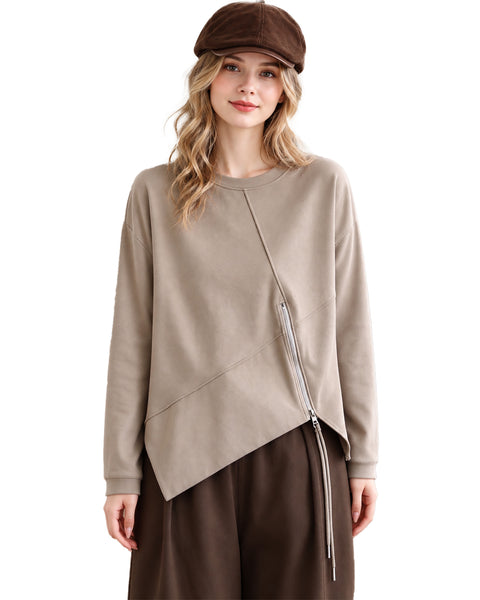 ellazhu Women's Oversized Crewneck Asymmetric Zipper Sweatshirt GZ1037