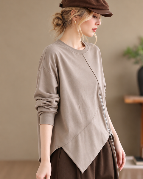 ellazhu Women's Oversized Crewneck Asymmetric Zipper Sweatshirt GZ1037