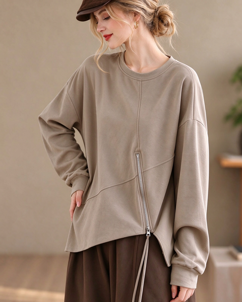 ellazhu Women's Oversized Crewneck Asymmetric Zipper Sweatshirt GZ1037