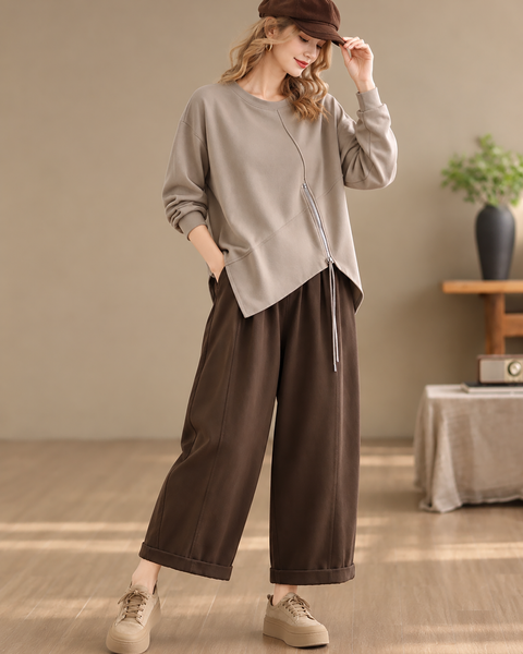 ellazhu Women's Oversized Crewneck Asymmetric Zipper Sweatshirt GZ1037