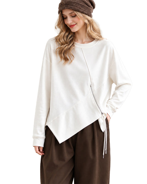 ellazhu Women's Oversized Crewneck Asymmetric Zipper Sweatshirt GZ1037