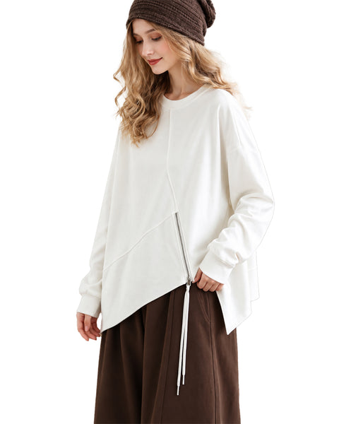 ellazhu Women's Oversized Crewneck Asymmetric Zipper Sweatshirt GZ1037