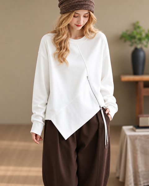 ellazhu Women's Oversized Crewneck Asymmetric Zipper Sweatshirt GZ1037
