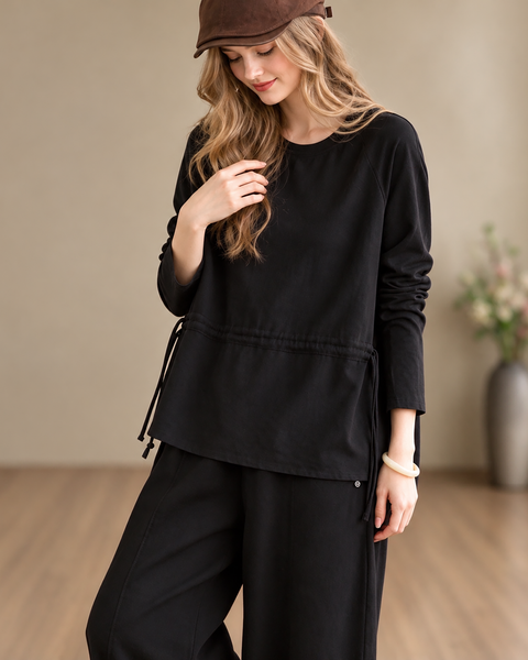 ellazhu Women's Oversized Drawstring Waist Crewneck Tunic Blouse GZ1038