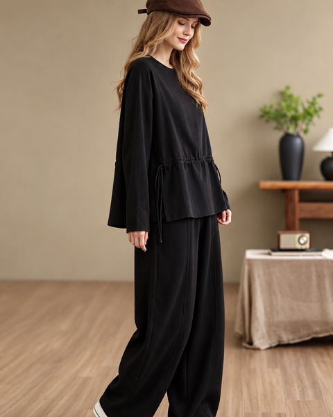 ellazhu Women's Oversized Drawstring Waist Crewneck Tunic Blouse GZ1038