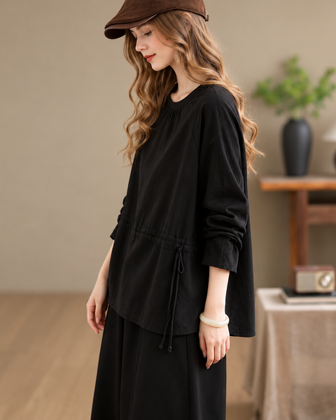 ellazhu Women's Oversized Drawstring Waist Crewneck Tunic Blouse GZ1038
