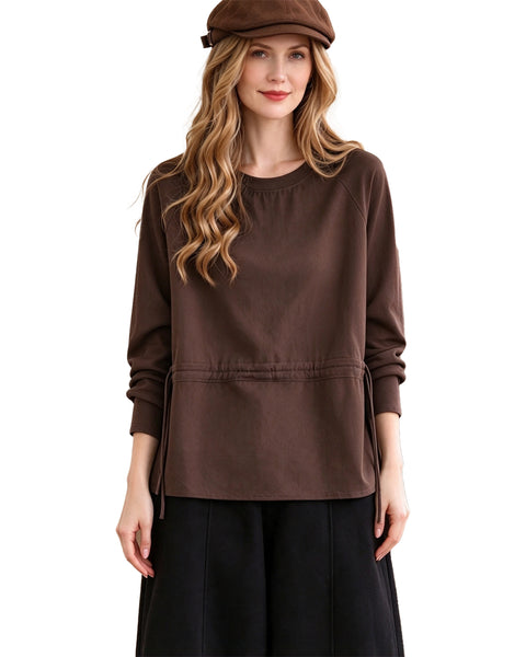 ellazhu Women's Oversized Drawstring Waist Crewneck Tunic Blouse GZ1038
