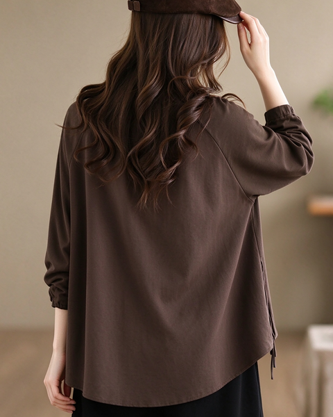 ellazhu Women's Oversized Drawstring Waist Crewneck Tunic Blouse GZ1038