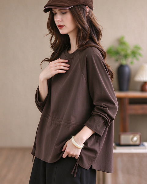 ellazhu Women's Oversized Drawstring Waist Crewneck Tunic Blouse GZ1038
