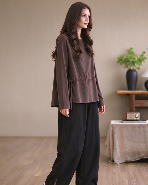 ellazhu Women's Oversized Drawstring Waist Crewneck Tunic Blouse GZ1038
