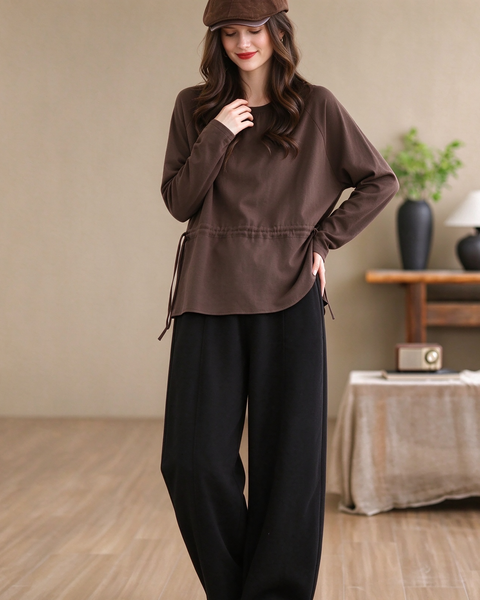 ellazhu Women's Oversized Drawstring Waist Crewneck Tunic Blouse GZ1038