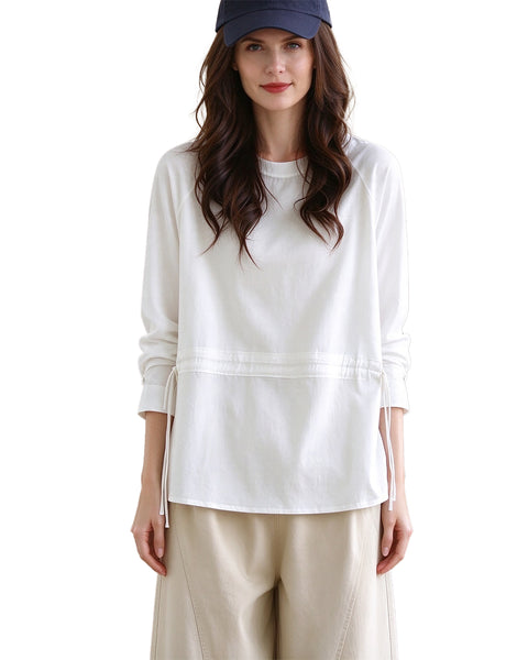 ellazhu Women's Oversized Drawstring Waist Crewneck Tunic Blouse GZ1038