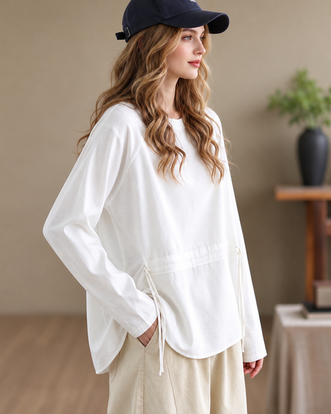 ellazhu Women's Oversized Drawstring Waist Crewneck Tunic Blouse GZ1038