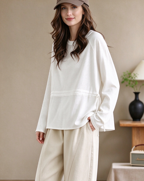 ellazhu Women's Oversized Drawstring Waist Crewneck Tunic Blouse GZ1038