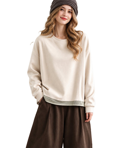 ellazhu Women's Oversized Crewneck Mesh Hem Sweatshirt Pullover GZ1039