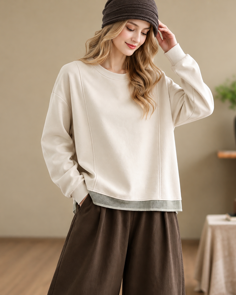 ellazhu Women's Oversized Crewneck Mesh Hem Sweatshirt Pullover GZ1039