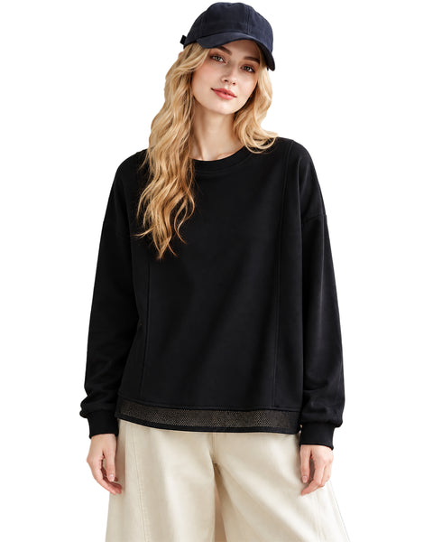 ellazhu Women's Oversized Crewneck Mesh Hem Sweatshirt Pullover GZ1039
