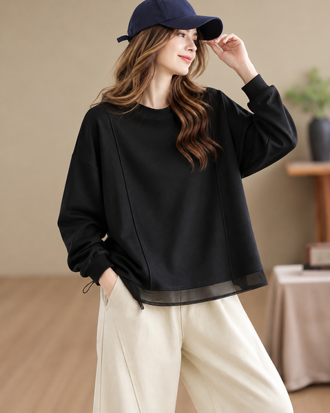 ellazhu Women's Oversized Crewneck Mesh Hem Sweatshirt Pullover GZ1039
