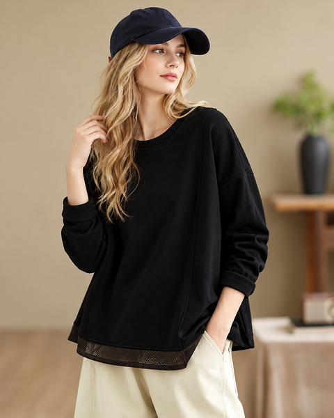 ellazhu Women's Oversized Crewneck Mesh Hem Sweatshirt Pullover GZ1039