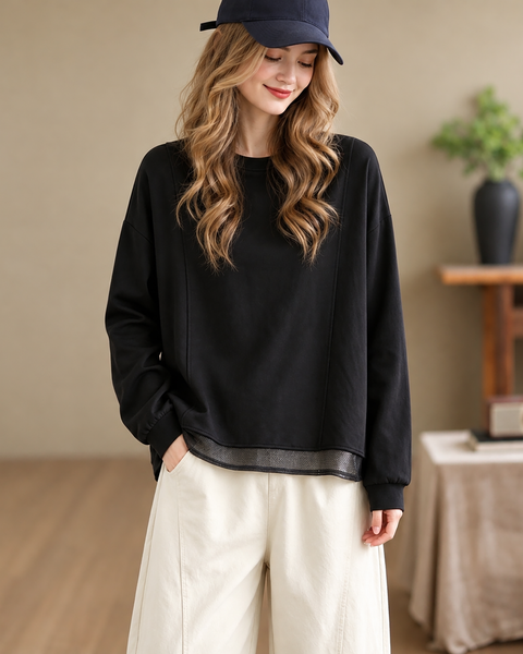 ellazhu Women's Oversized Crewneck Mesh Hem Sweatshirt Pullover GZ1039