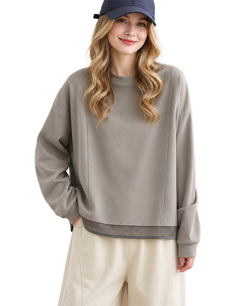 ellazhu Women's Oversized Crewneck Mesh Hem Sweatshirt Pullover GZ1039