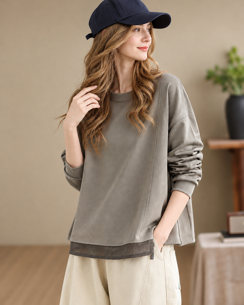 ellazhu Women's Oversized Crewneck Mesh Hem Sweatshirt Pullover GZ1039