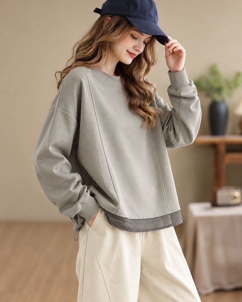 ellazhu Women's Oversized Crewneck Mesh Hem Sweatshirt Pullover GZ1039