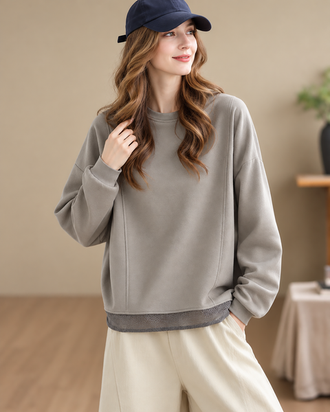 ellazhu Women's Oversized Crewneck Mesh Hem Sweatshirt Pullover GZ1039