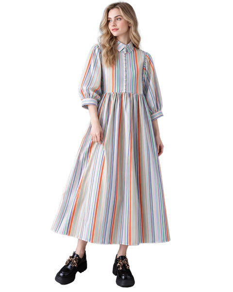 ellazhu Women's Rainbow Striped Puff Sleeve Long Maxi Shirt Dress GZ1041