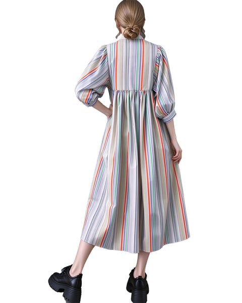 ellazhu Women's Rainbow Striped Puff Sleeve Long Maxi Shirt Dress GZ1041