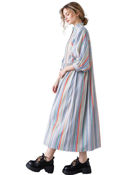ellazhu Women's Rainbow Striped Puff Sleeve Long Maxi Shirt Dress GZ1041