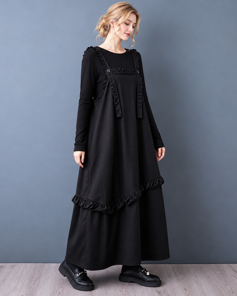 ellazhu Women's Oversized Ruffle Hem Layered Pinafore Maxi Dress GZ1042