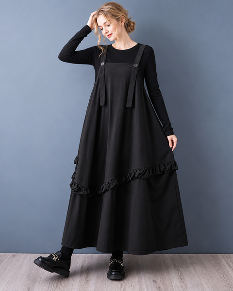 ellazhu Women's Oversized Ruffle Hem Layered Pinafore Maxi Dress GZ1042