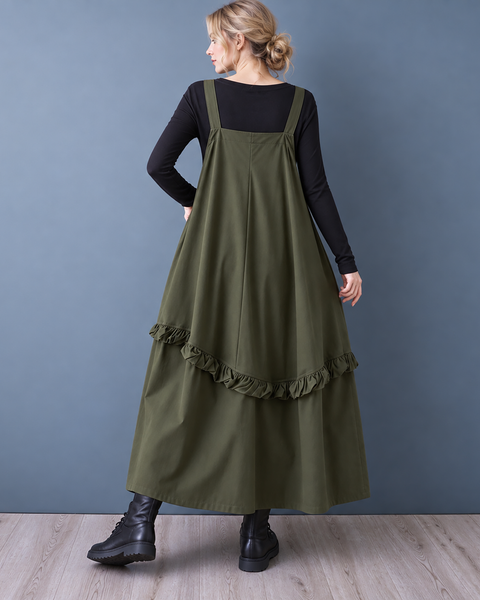 ellazhu Women's Oversized Ruffle Hem Layered Pinafore Maxi Dress GZ1042