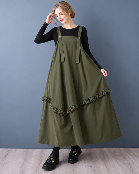 ellazhu Women's Oversized Ruffle Hem Layered Pinafore Maxi Dress GZ1042