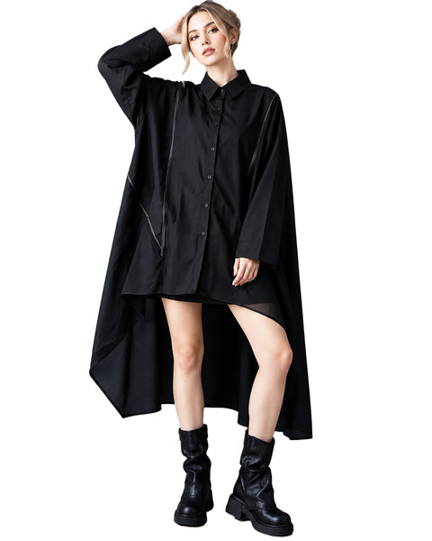 ellazhu Women's Oversized Zipper Shirt Dress Loose Long Sleeve GZ1045