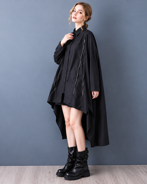 ellazhu Women's Oversized Zipper Shirt Dress Loose Long Sleeve GZ1045